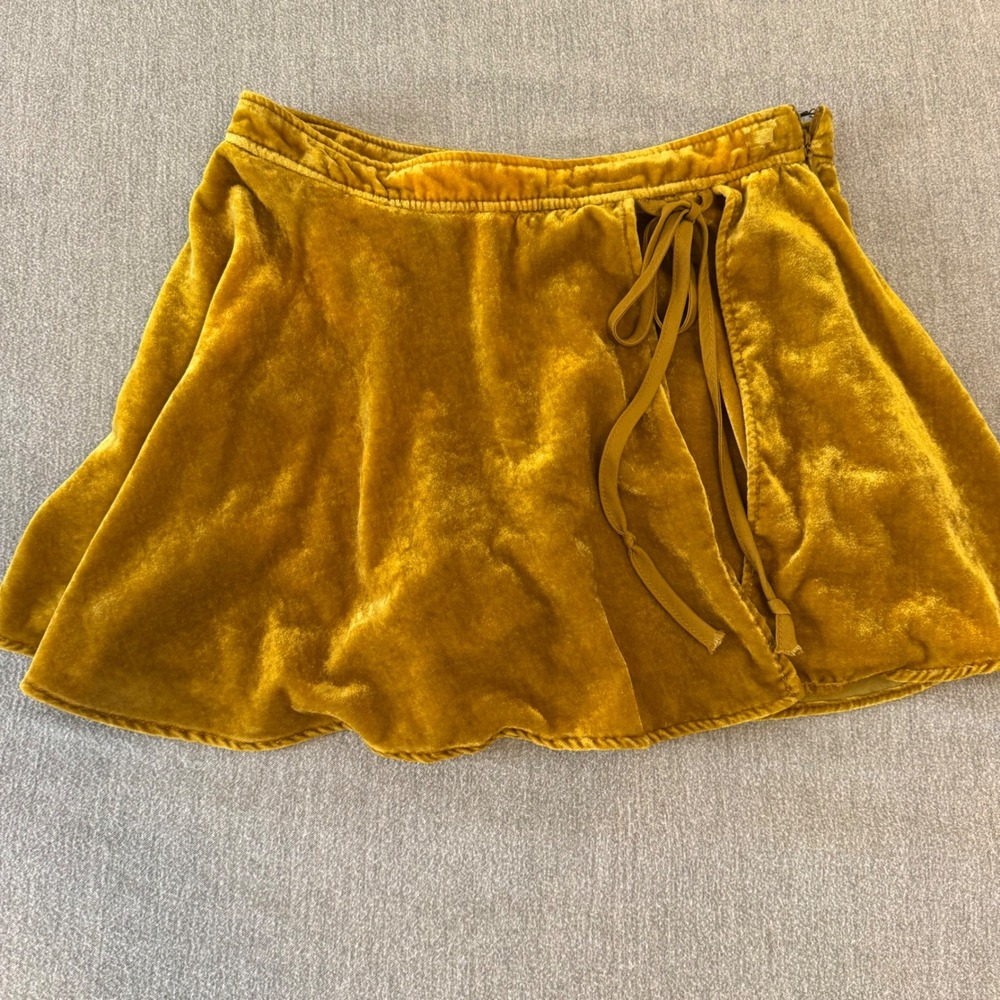 Free People Mustard Yellow Velvet Wrap Skort Side Tie Mini Skirt Shorts Size 2